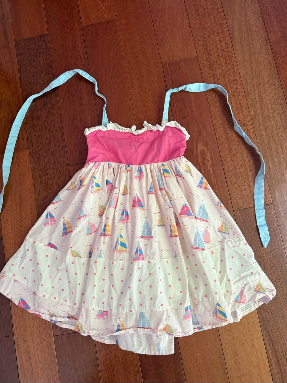 SweetHoney Pink Bodice Sailboat Print Sundress with Blue Ties